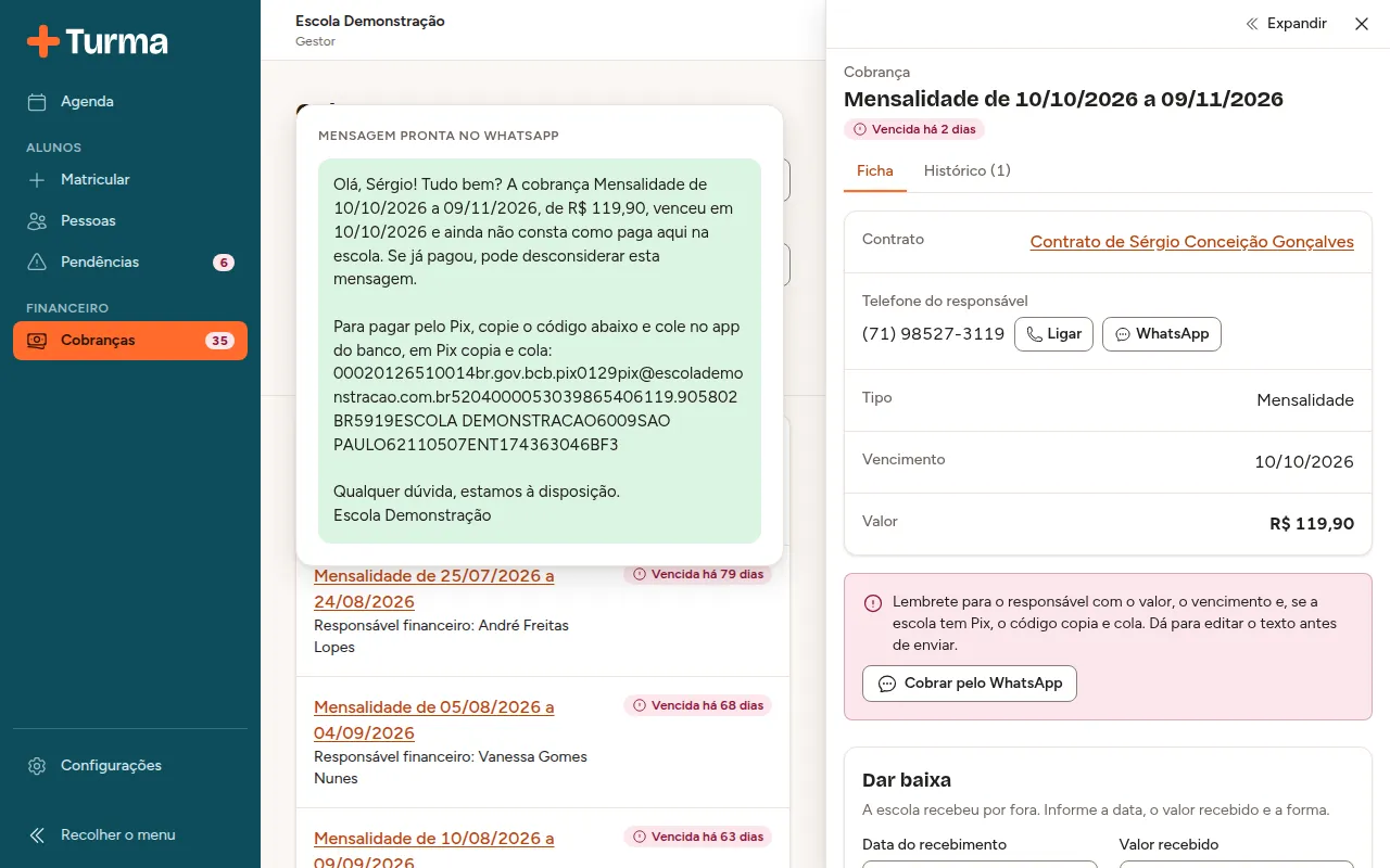 Cobrança vencida aberta no Mais Turma, com o botão de cobrar pelo WhatsApp e a mensagem pronta para o responsável